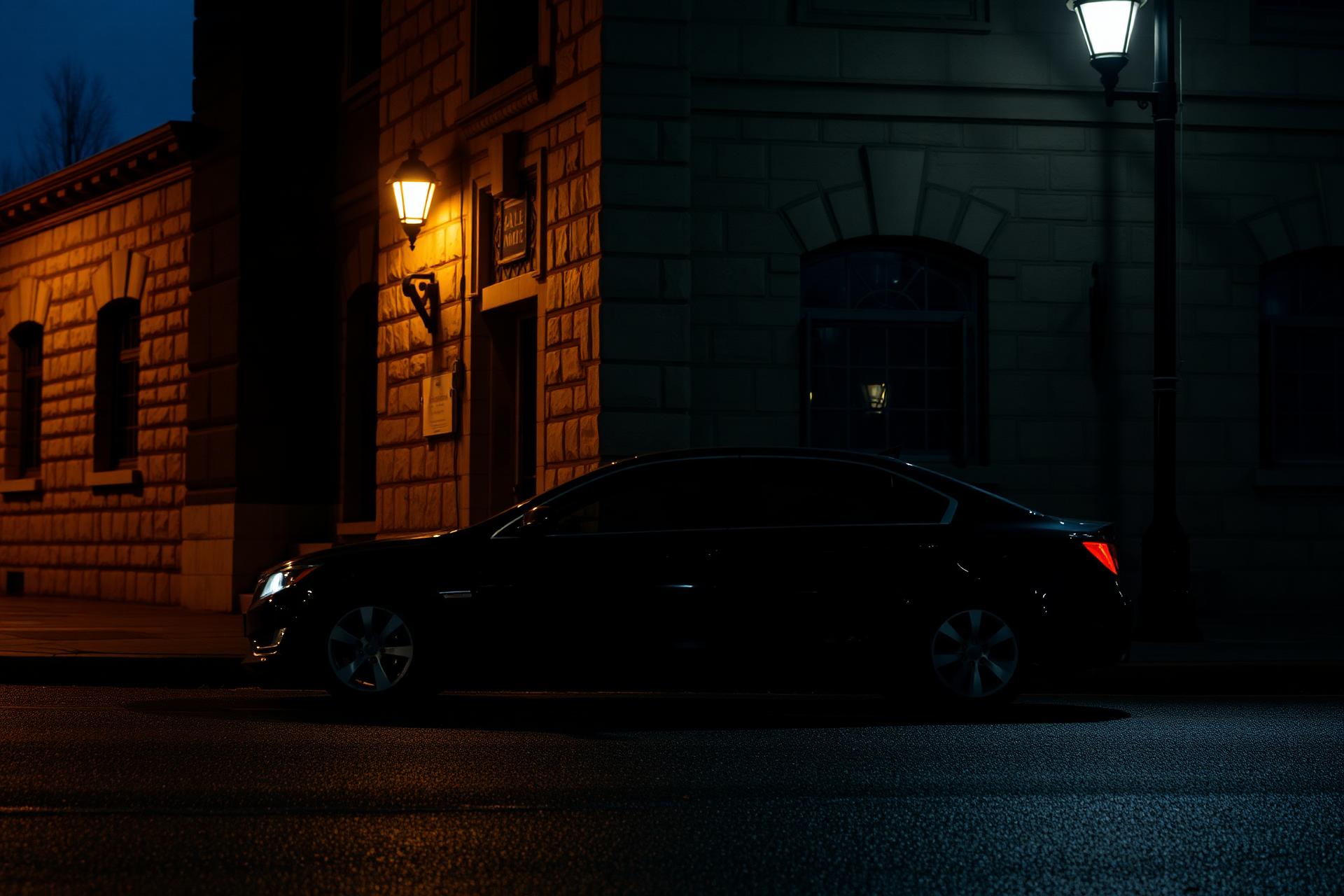 A single black sedan parked outside an unmarked building at night